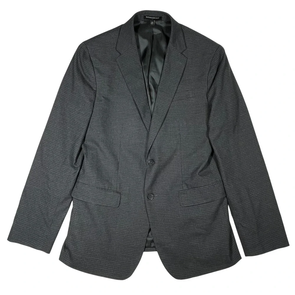 Banana Republic Blazer Mens 42R Grey Micro Check Stretch 2-Button Suit‎ Jacket